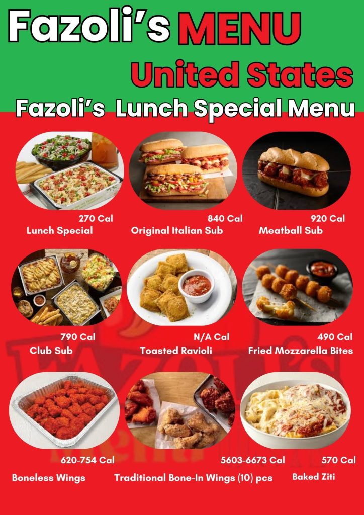 Fazoli’s Lunch Special Menu prices USA